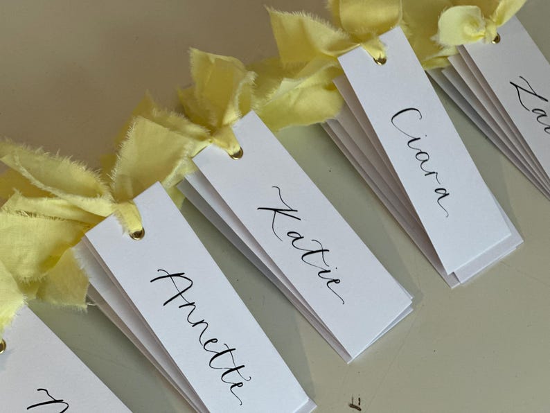 Handwritten Calligraphy Place Cards | Personalised Butter Yellow Wedding Place Names with Ribbon image 7