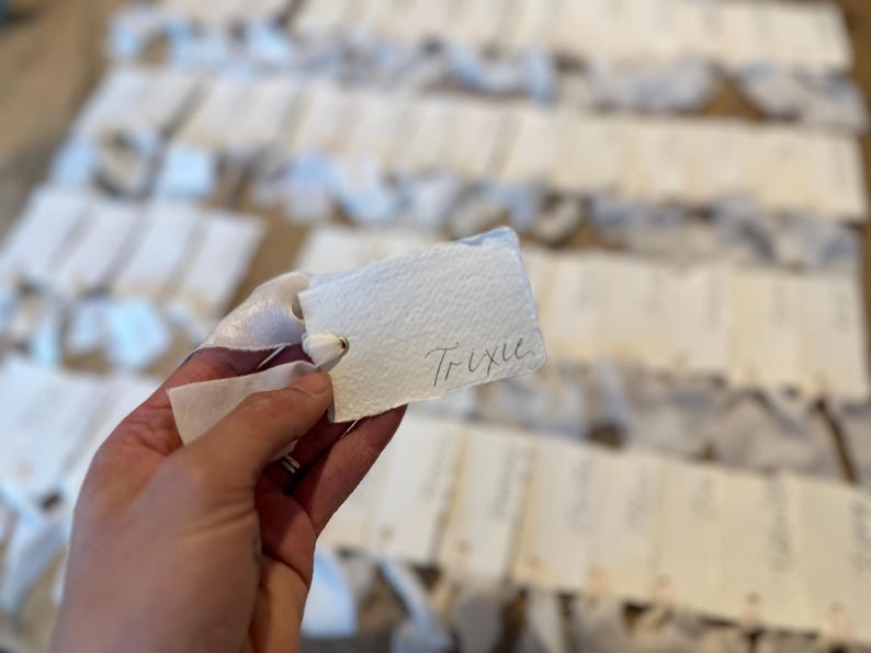 Handwritten Deckle Edge Calligraphy Champagne Ribbon Place Cards: Wedding, Handmade Paper Place Name, Blank, Personalised image 16