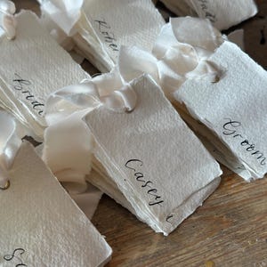 Handwritten Deckle Edge Calligraphy Champagne Ribbon Place Cards: Wedding, Handmade Paper Place Name, Blank, Personalised image 10