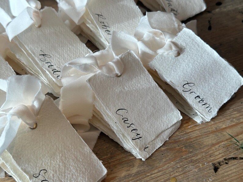 Handwritten Deckle Edge Calligraphy Champagne Ribbon Place Cards: Wedding, Handmade Paper Place Name, Blank, Personalised image 10