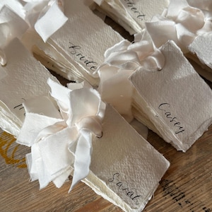 Handwritten Deckle Edge Calligraphy Champagne Ribbon Place Cards: Wedding, Handmade Paper Place Name, Blank, Personalised image 1
