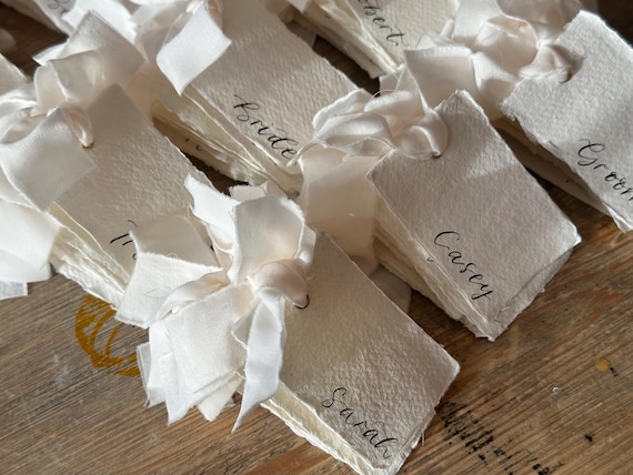 Handwritten Deckle Edge Calligraphy Champagne Ribbon Place Cards: Wedding, Handmade Paper Place Name, Blank, Personalised