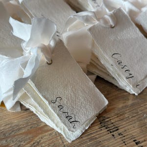 Handwritten Deckle Edge Calligraphy Champagne Ribbon Place Cards: Wedding, Handmade Paper Place Name, Blank, Personalised image 5