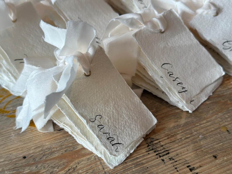Handwritten Deckle Edge Calligraphy Champagne Ribbon Place Cards: Wedding, Handmade Paper Place Name, Blank, Personalised image 5