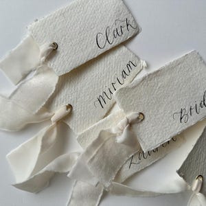 Handwritten Deckle Edge Calligraphy Champagne Ribbon Place Cards: Wedding, Handmade Paper Place Name, Blank, Personalised image 15