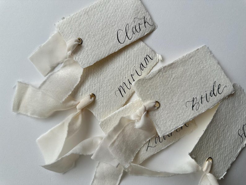 Handwritten Deckle Edge Calligraphy Champagne Ribbon Place Cards: Wedding, Handmade Paper Place Name, Blank, Personalised image 15