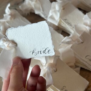 Handwritten Deckle Edge Calligraphy Champagne Ribbon Place Cards: Wedding, Handmade Paper Place Name, Blank, Personalised image 2