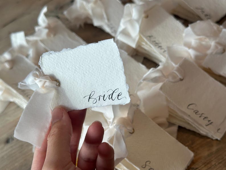 Handwritten Deckle Edge Calligraphy Champagne Ribbon Place Cards: Wedding, Handmade Paper Place Name, Blank, Personalised image 2