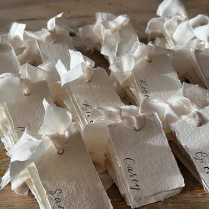 Handwritten Deckle Edge Calligraphy Champagne Ribbon Place Cards: Wedding, Handmade Paper Place Name, Blank, Personalised image 13