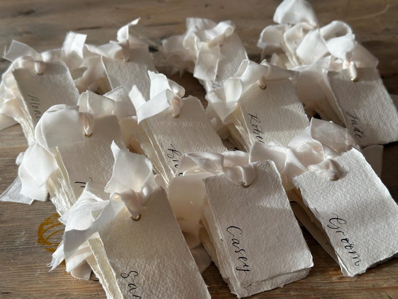 Handwritten Deckle Edge Calligraphy Champagne Ribbon Place Cards: Wedding, Handmade Paper Place Name, Blank, Personalised image 13