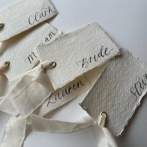 Handwritten Deckle Edge Calligraphy Champagne Ribbon Place Cards: Wedding, Handmade Paper Place Name, Blank, Personalised image 7