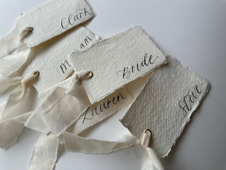 Handwritten Deckle Edge Calligraphy Champagne Ribbon Place Cards: Wedding, Handmade Paper Place Name, Blank, Personalised image 7