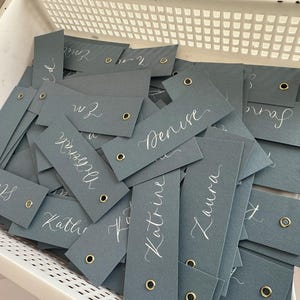 DUSKY BLUE Calligraphy Place Name Card | DIY Add Own Ribbon Calligraphy Wedding Place Name Card | Gold or Silver Eyelet Place Card | Party