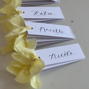 Handwritten Calligraphy Place Cards | Personalised Butter Yellow Wedding Place Names with Ribbon image 3