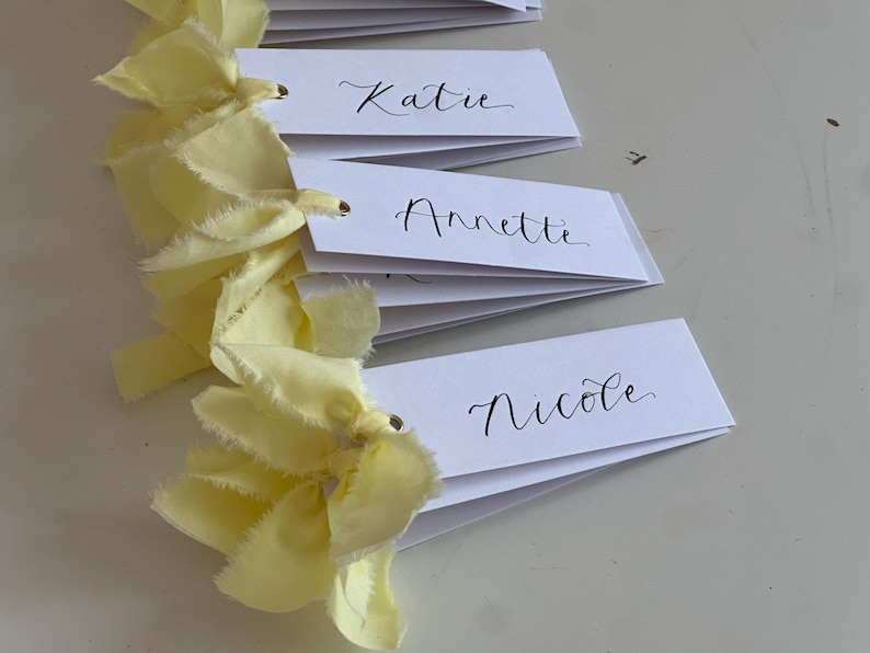 Handwritten Calligraphy Place Cards | Personalised Butter Yellow Wedding Place Names with Ribbon image 3