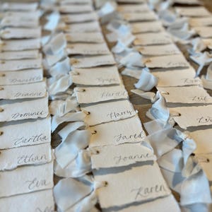 Handwritten Deckle Edge Calligraphy Champagne Ribbon Place Cards: Wedding, Handmade Paper Place Name, Blank, Personalised image 3