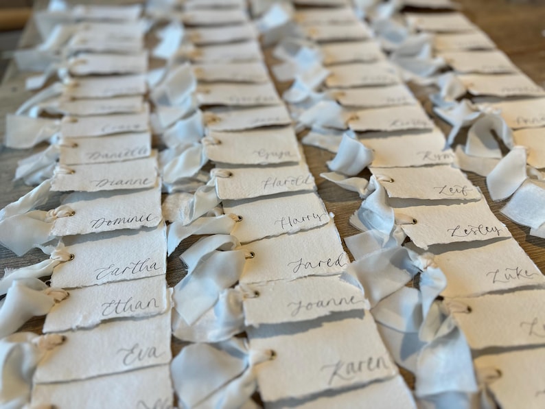 Handwritten Deckle Edge Calligraphy Champagne Ribbon Place Cards: Wedding, Handmade Paper Place Name, Blank, Personalised image 3