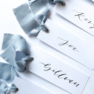 Calligraphy Wedding Place Name Card | White Card with Dusky Blue Chiffon Hand Written Calligraphy Chiffon Ribbon  Place Name Card