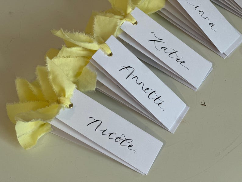 Handwritten Calligraphy Place Cards | Personalised Butter Yellow Wedding Place Names with Ribbon image 1