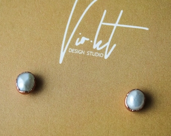 Pearl copper stud earrings, wedding jewelry