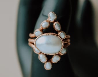 Pearl copper ring, alternative wedding, engagement, boho stacker set