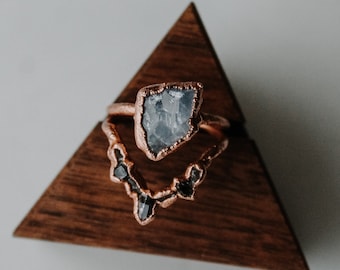 Raw blue calcite and black/dark herkimer diamond ring set, alternative engagement and wedding rings