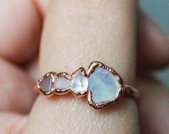 Pearlescent seashell, herkimer diamond, rose quartz, peach moonstone copper multi stone ring