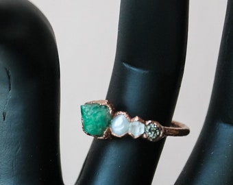 Raw emerald, pearl, herkimer diamond, raw pyrite, multi stone copper ring