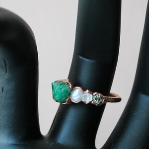 Raw emerald, pearl, herkimer diamond, raw pyrite, multi stone copper ring