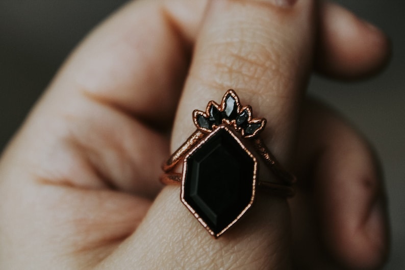 Dainty black cubic zirconia marquise chevron stacking ring image 1
