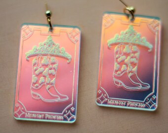 Midwest Princess cowgirl boot tarot iridescent acrylic earrings- Chappell Roan collection