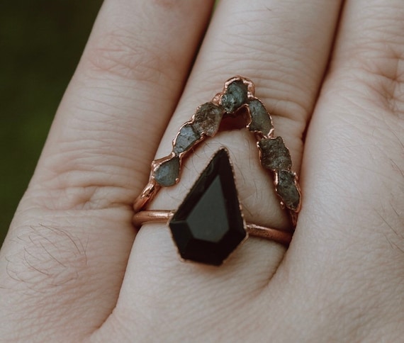 Black Stone Ring Copper Electroformed Jewelry Natural Stone Jewelry Onyx Copper Ring Size 7