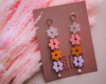 Pastel multi flower spring pearl drop acrylic earrings