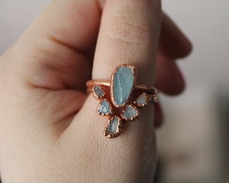 Raw aquamarine copper ring set image 1