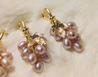 Handmade Pinkish Purple Gold Earrings, Pearl Cluster Earrings, Pearls Beaded Earrings, Wedding Bridal Jewelry, Bridesmaids Earrings