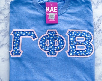 Small Blue Daisies Greek Letters with Pink Border on Carolina Blue T-Shirt