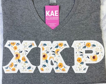 Sunflowers & Cream Greek Letters with White Border on Graphite Heather V-Neck