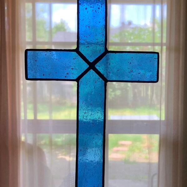 8" Simple Light Blue Stained Glass Cross Handcrafted Handmade Suncatcher