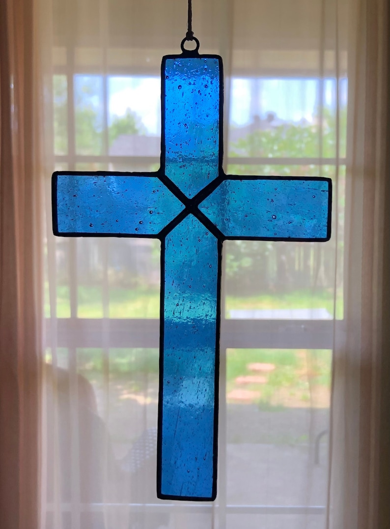 8 Simple Light Blue Stained Glass Cross Handcrafted Handmade Suncatcher Etsy