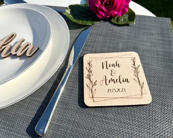 Favores de boda personalizados-posavasos de madera personalizados Set-favores de boda rústicos para invitados a granel-posavasos de madera personalizados-posavasos de boda