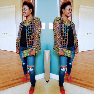 Ankara Print Net Jacket With Matching Crossbody Bag - Short