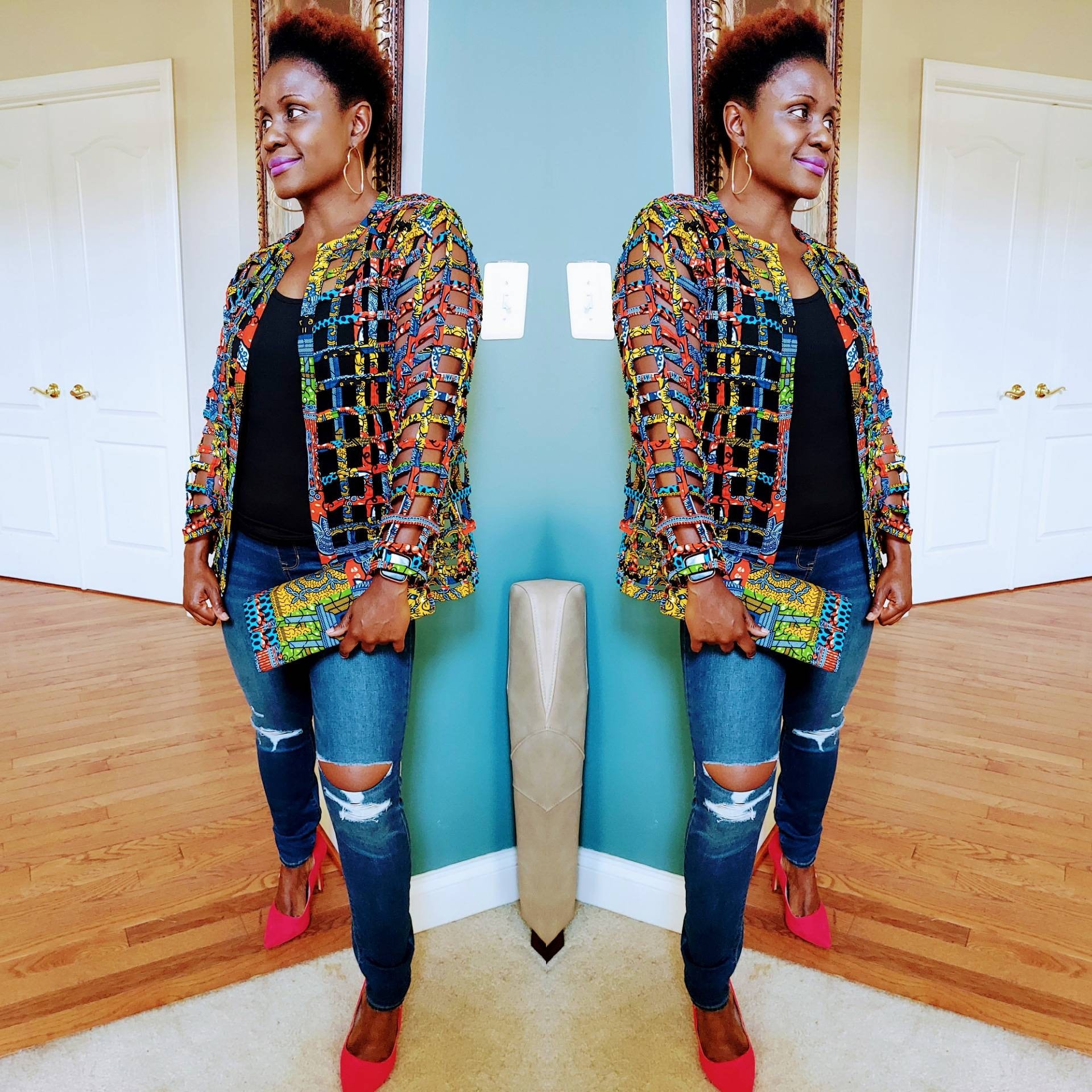 Ankara Print Net Jacket With Matching Crossbody Bag - Short