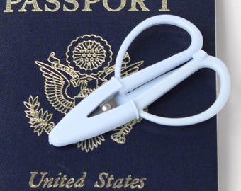 TSA Compliant Mini Travel Scissors: Dusty Blue Craft Snips with Sheath