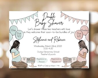 Double Shower Invitation, Baby Shower for two teachers, Duo Baby Shower, Joint Shower, Co-Worker Baby Shower, Baby Sprinkle for two