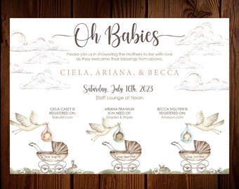 Triple Baby Shower Invitation for Coworkers or Friends, Stork Joint Baby Shower Invite, Work Shower Invite Celebrating Three Moms-To-Be