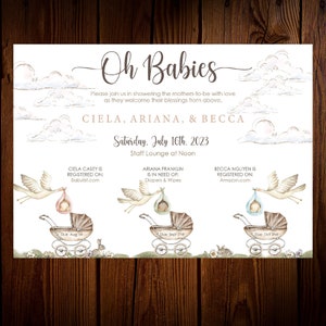 Triple Baby Shower Uitnodiging voor collega's of vrienden, Stork Joint Baby Shower Invite, Work Shower Invite om drie aanstaande moeders te vieren