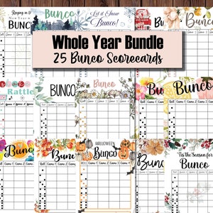 Whole Year Bunco Bundle with Scorecards for all Seasons, 25 designs, 2 to a page, 5x8, Winter, Spring, Summer, Fall, Instant Download