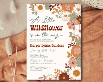 Groovy Retro Baby Shower Invite, 70's Wildflower Baby Shower Invitation, A Little Wildflower in on her Way