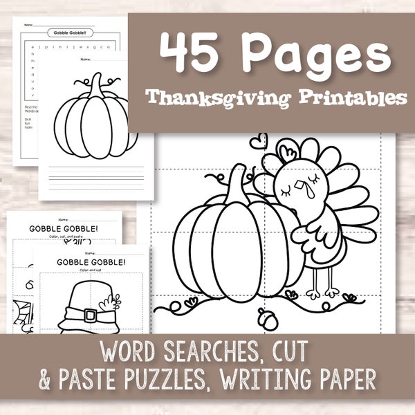 Thanksgiving Activities for Kids, Cut and Paste Puzzles, Word Searches, Writing Prompts for Thanksgiving Party, Printable Center Activities