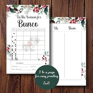 Kerst Bunco Set, December Bunco Kaarten, Groen en Rood, Telblad met lijnen en geen lijnen, Tafelnummers met twee opties, Afdrukbaar